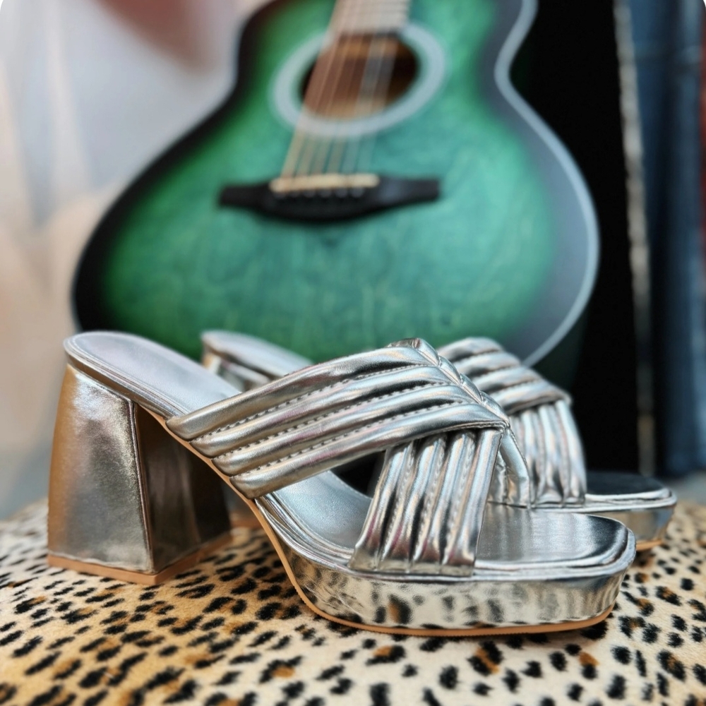 Elegant Silver Chunky Heels with Crisscross Straps